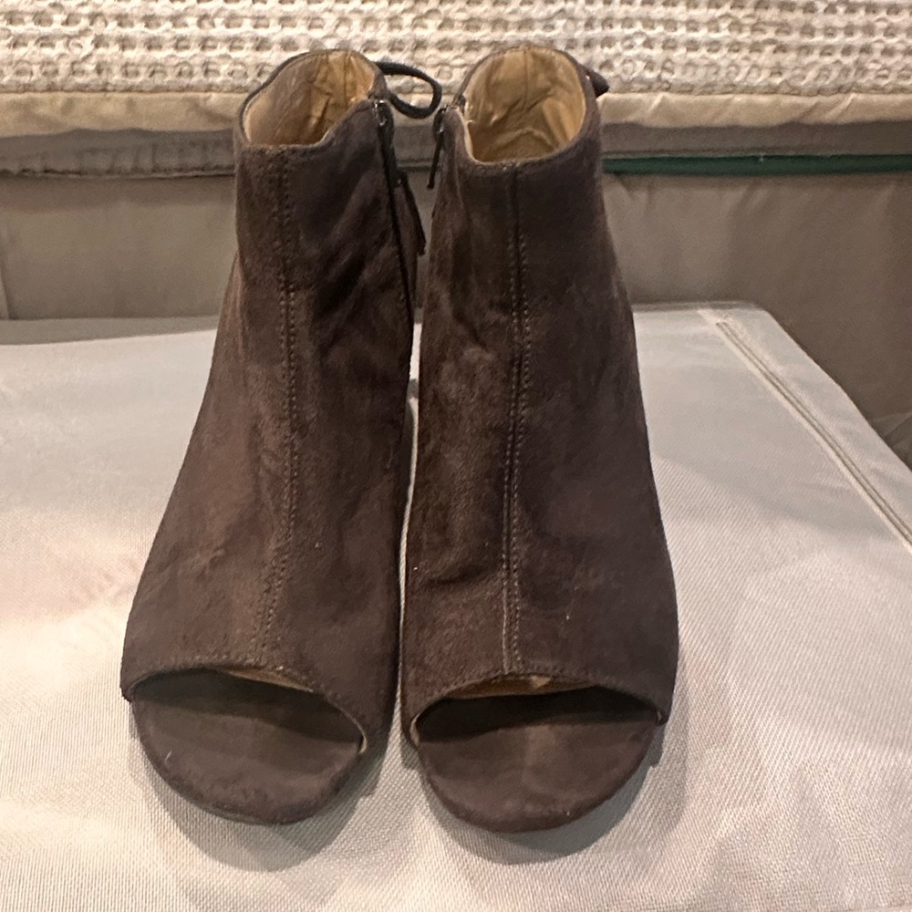 CP dark gray suede open toe bootie.side 8